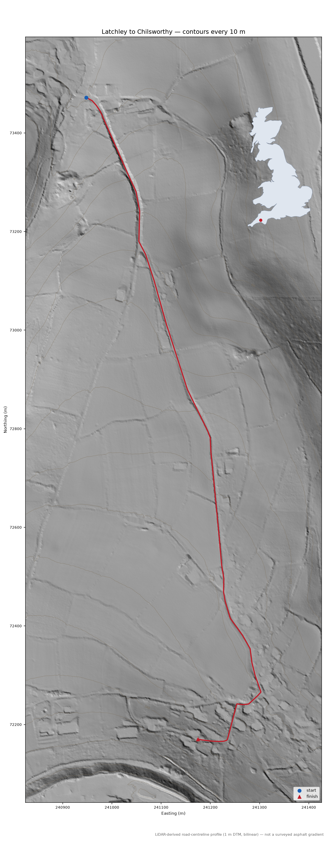 Latchley to Chilsworthy LiDAR hillshade map with contours