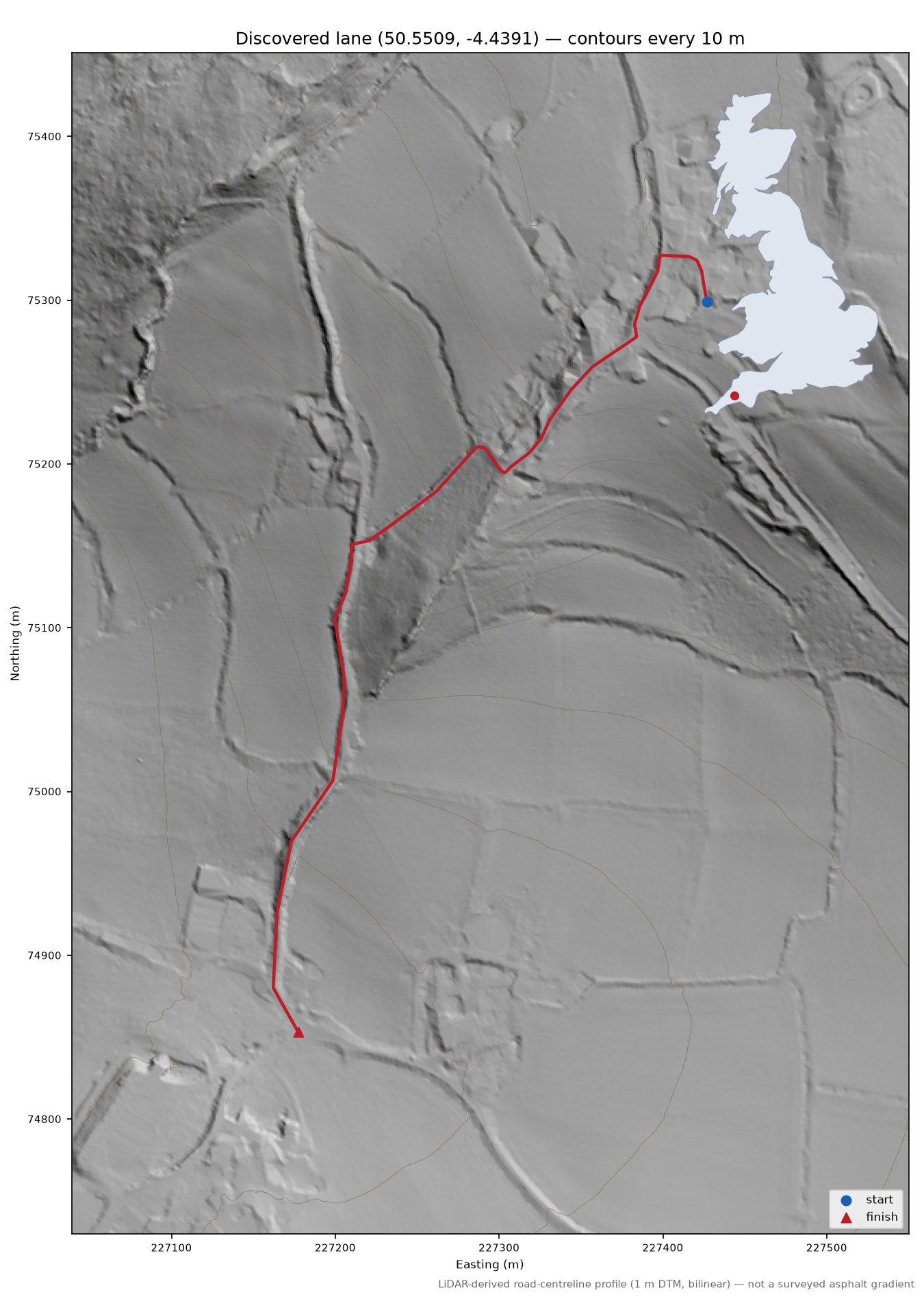 Lane near Middlewood LiDAR hillshade map with contours