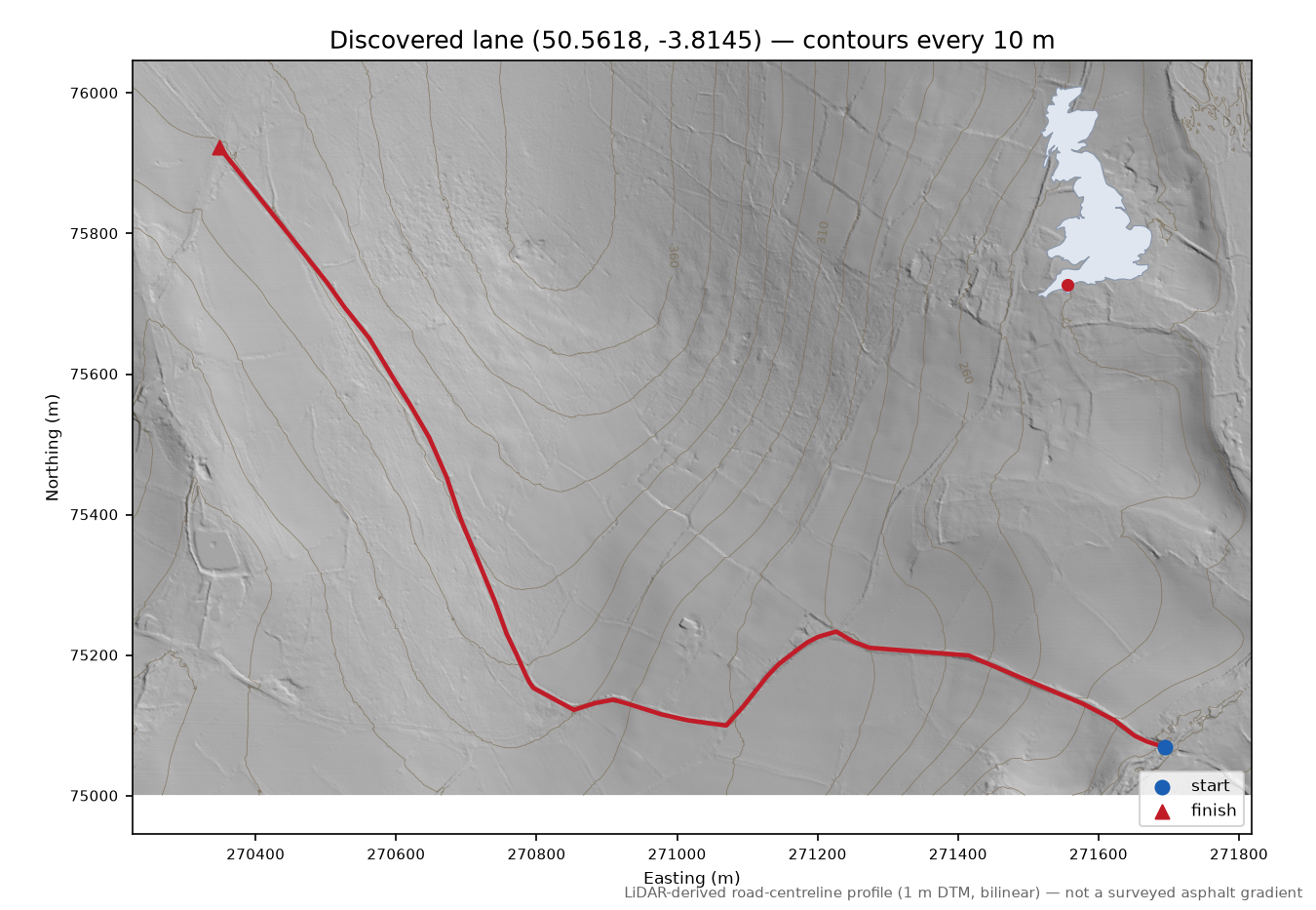 Venton to Wind Tor LiDAR hillshade map with contours