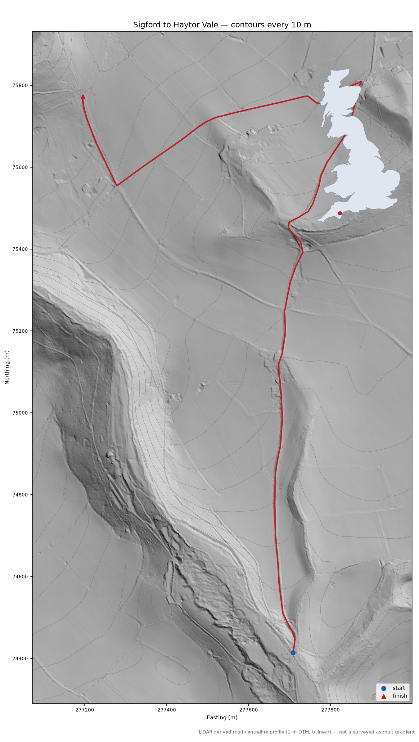 Sigford to Haytor Vale LiDAR hillshade map with contours