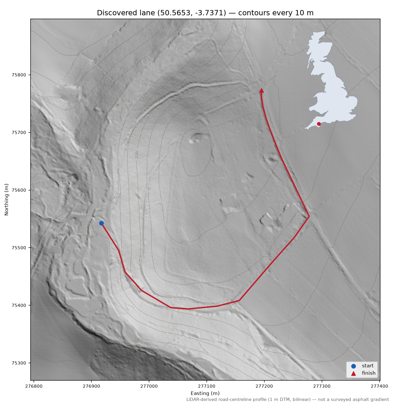 Bag Tor to Haytor Vale LiDAR hillshade map with contours