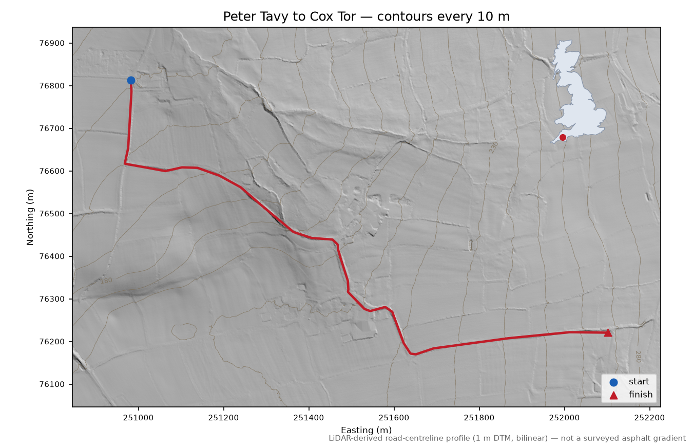 Peter Tavy to Cox Tor LiDAR hillshade map with contours