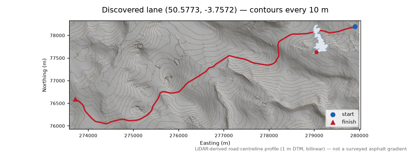 Brimley to Top Tor LiDAR hillshade map with contours