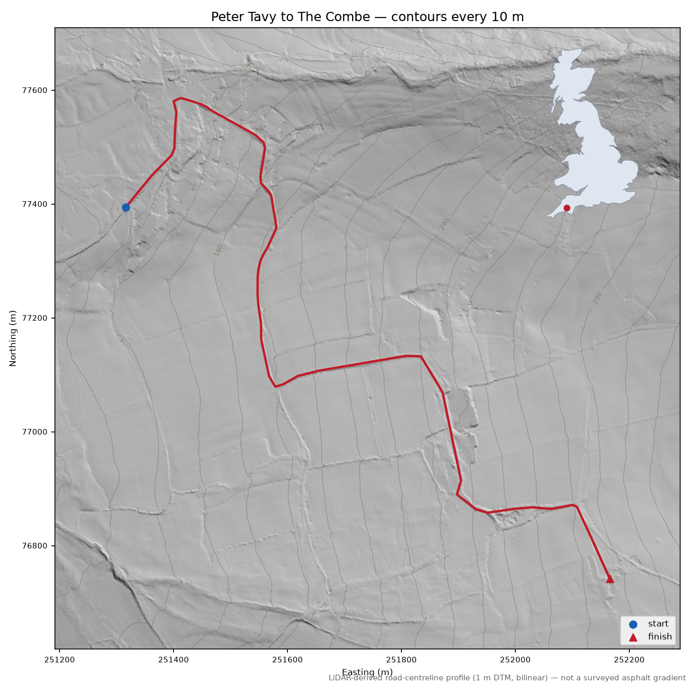 Peter Tavy to The Combe LiDAR hillshade map with contours