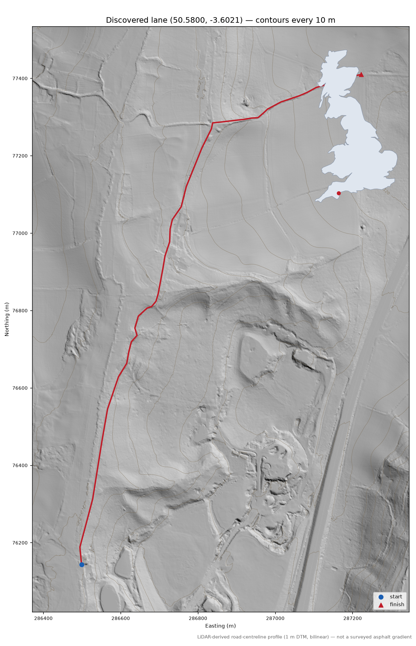 Combe to The Glen LiDAR hillshade map with contours