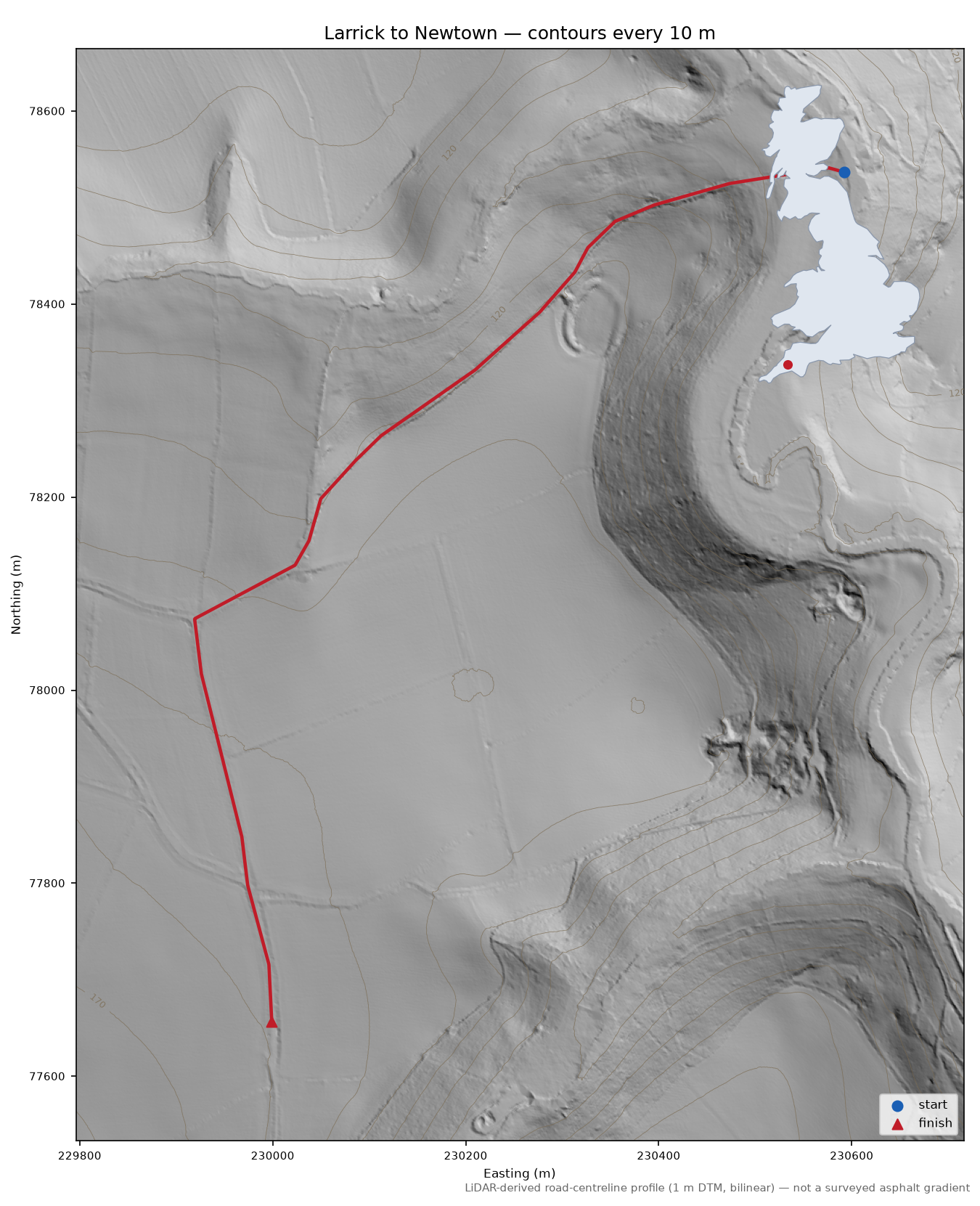Larrick to Newtown LiDAR hillshade map with contours