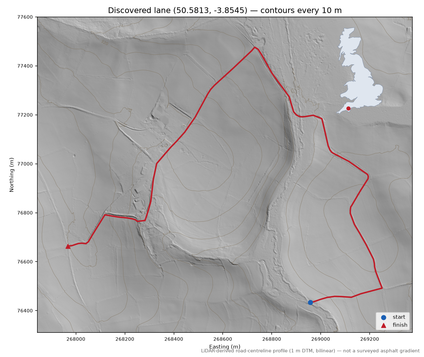 Lane near Wind Tor LiDAR hillshade map with contours