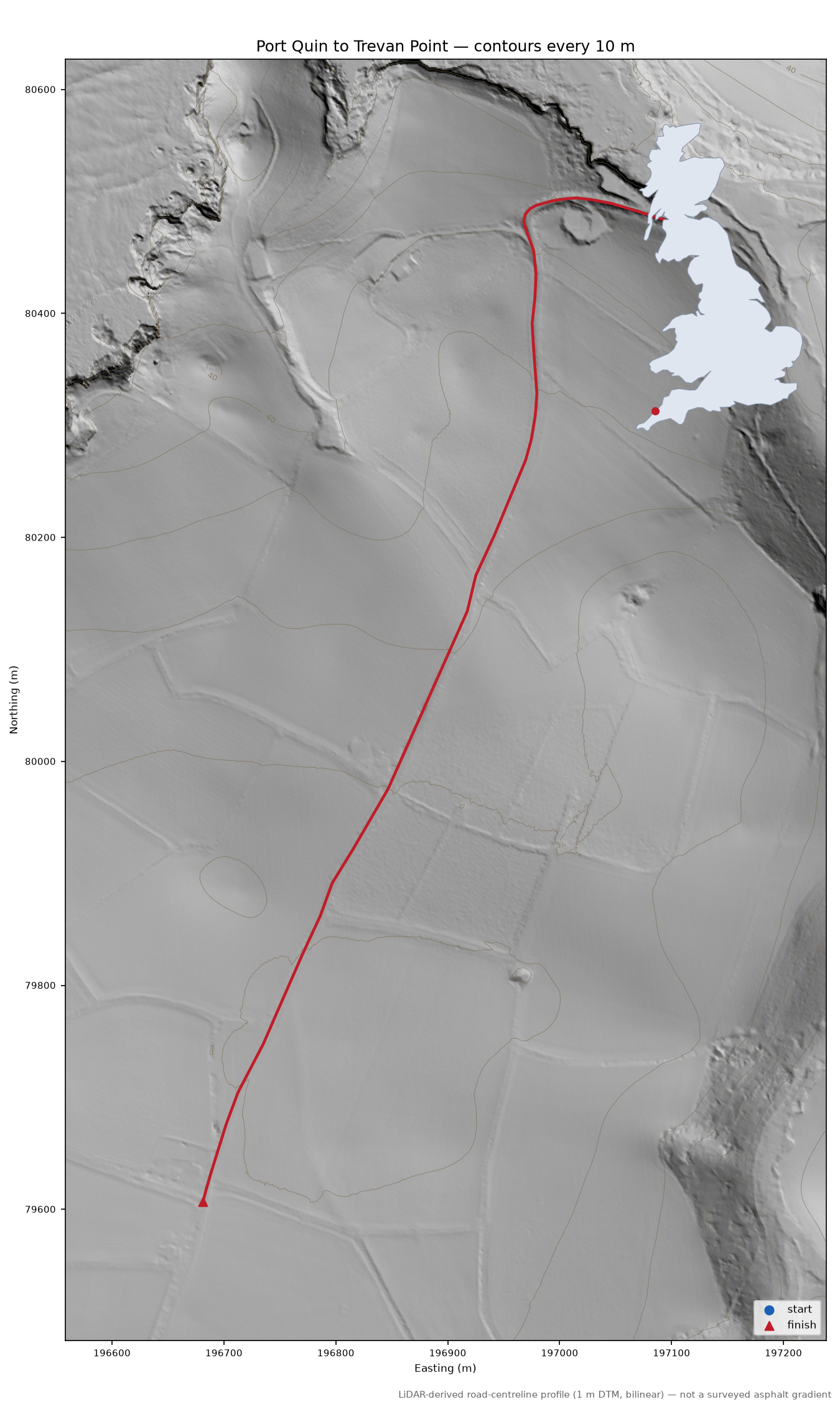 Port Quin to Trevan Point LiDAR hillshade map with contours