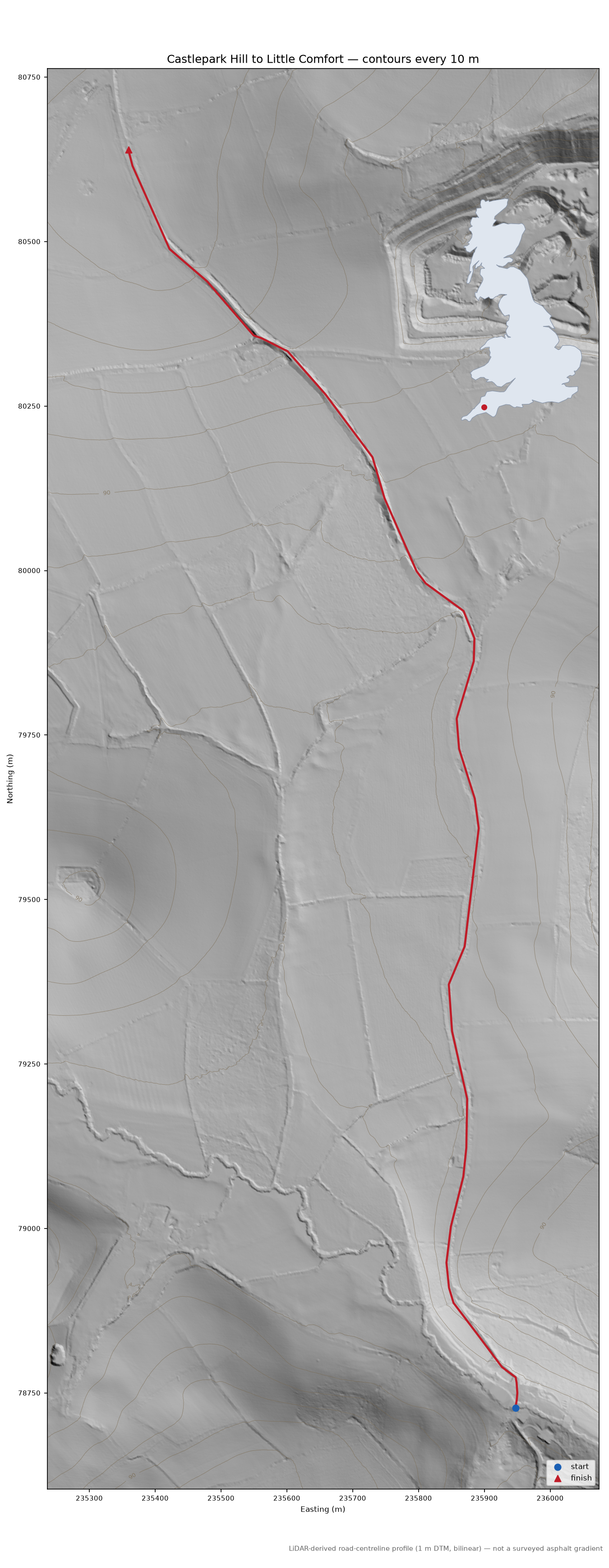 Castlepark Hill to Little Comfort LiDAR hillshade map with contours