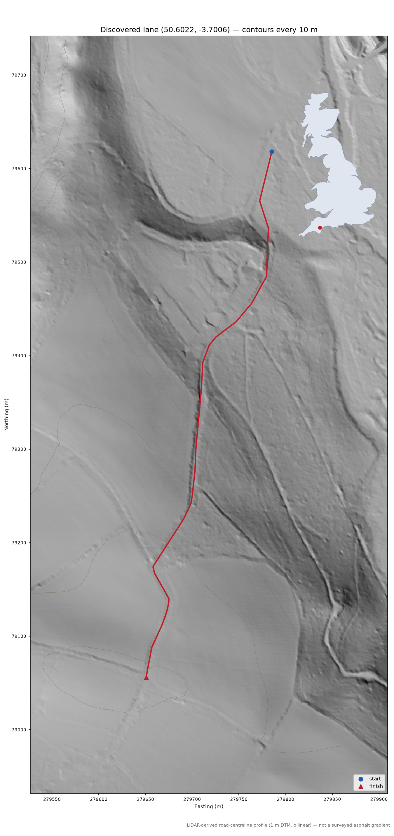 Lane near Hawkmoor Park LiDAR hillshade map with contours
