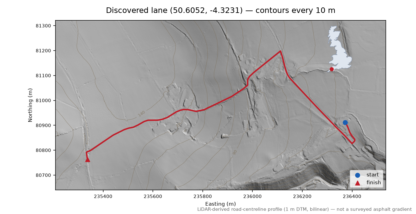 Castlepark Hill to Little Comfort LiDAR hillshade map with contours