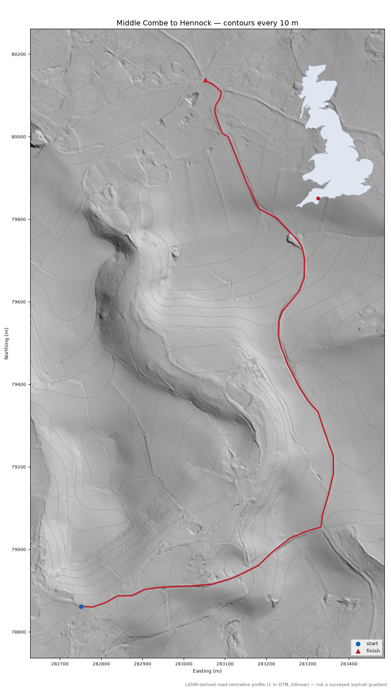 Middle Combe to Hennock LiDAR hillshade map with contours