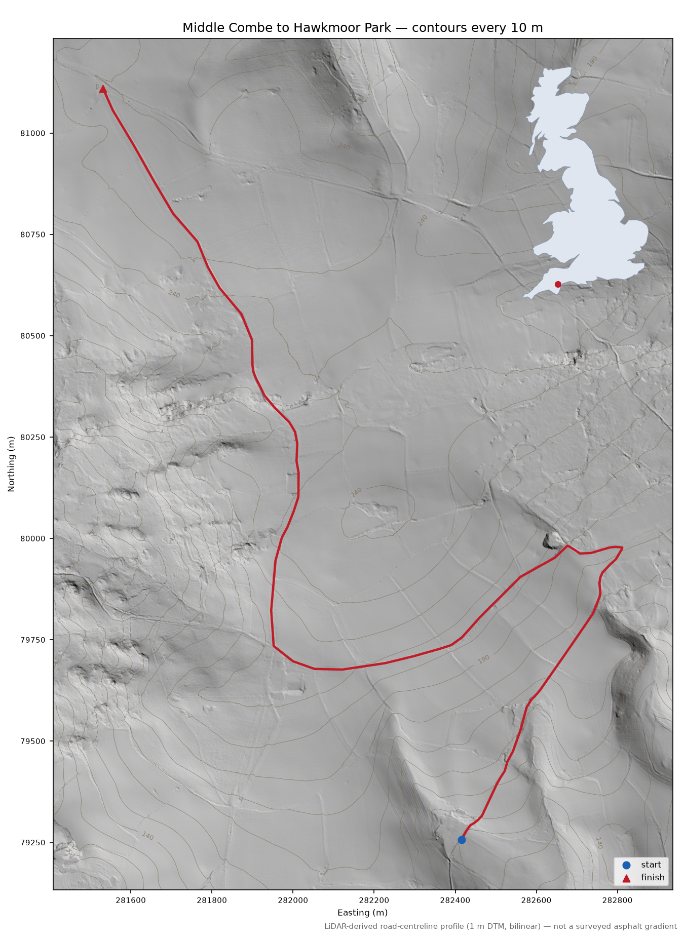 Middle Combe to Hawkmoor Park LiDAR hillshade map with contours