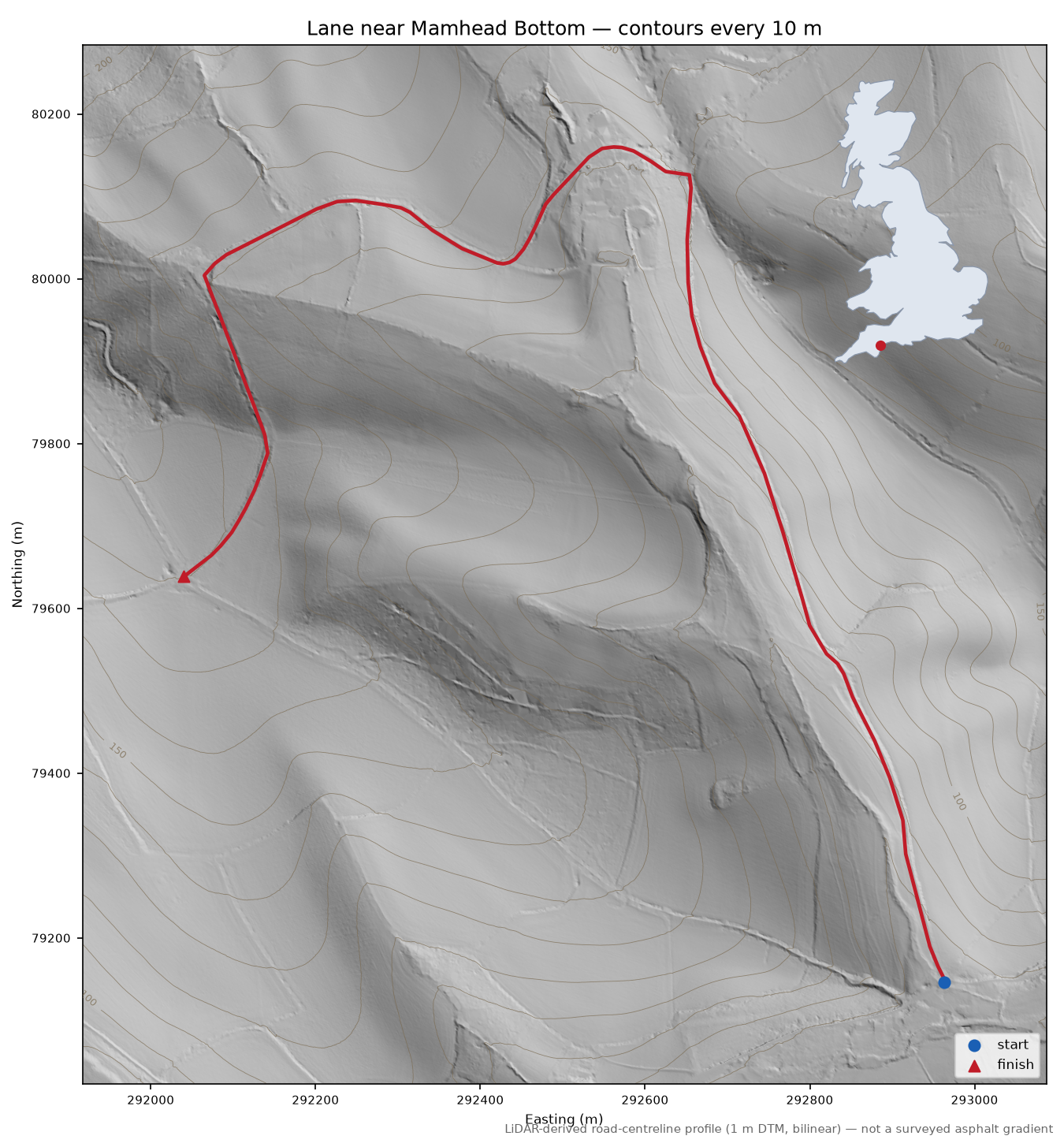 Lane near Mamhead Bottom LiDAR hillshade map with contours