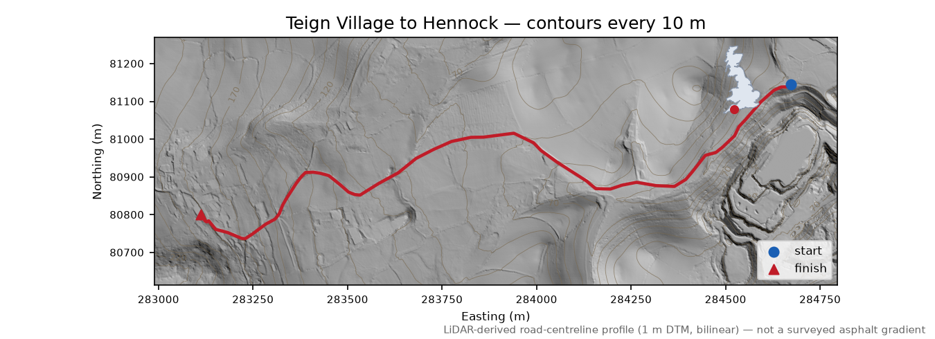 Teign Village to Hennock LiDAR hillshade map with contours