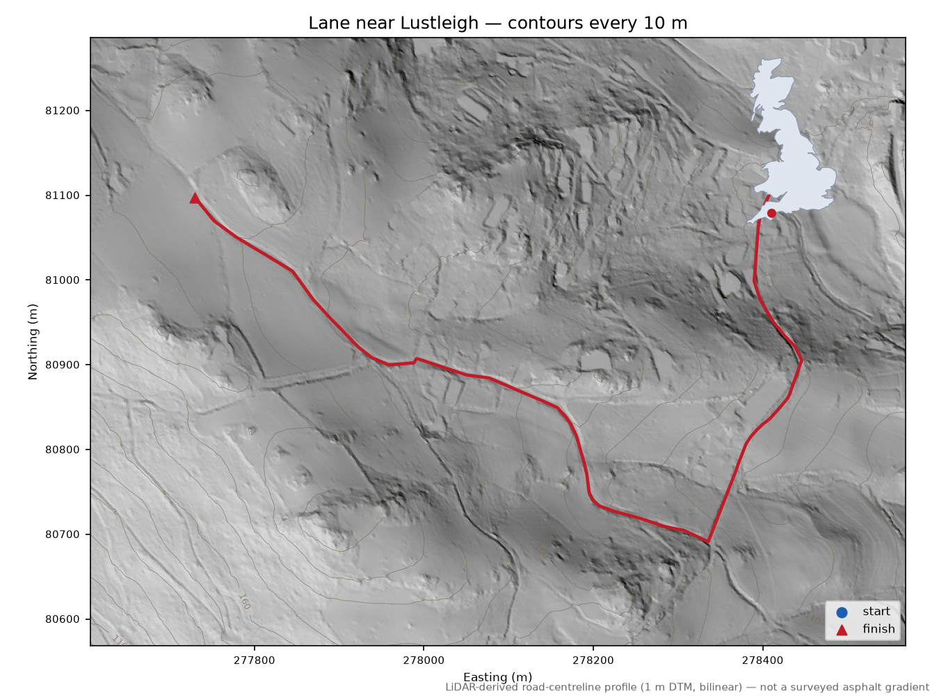 Lane near Lustleigh LiDAR hillshade map with contours