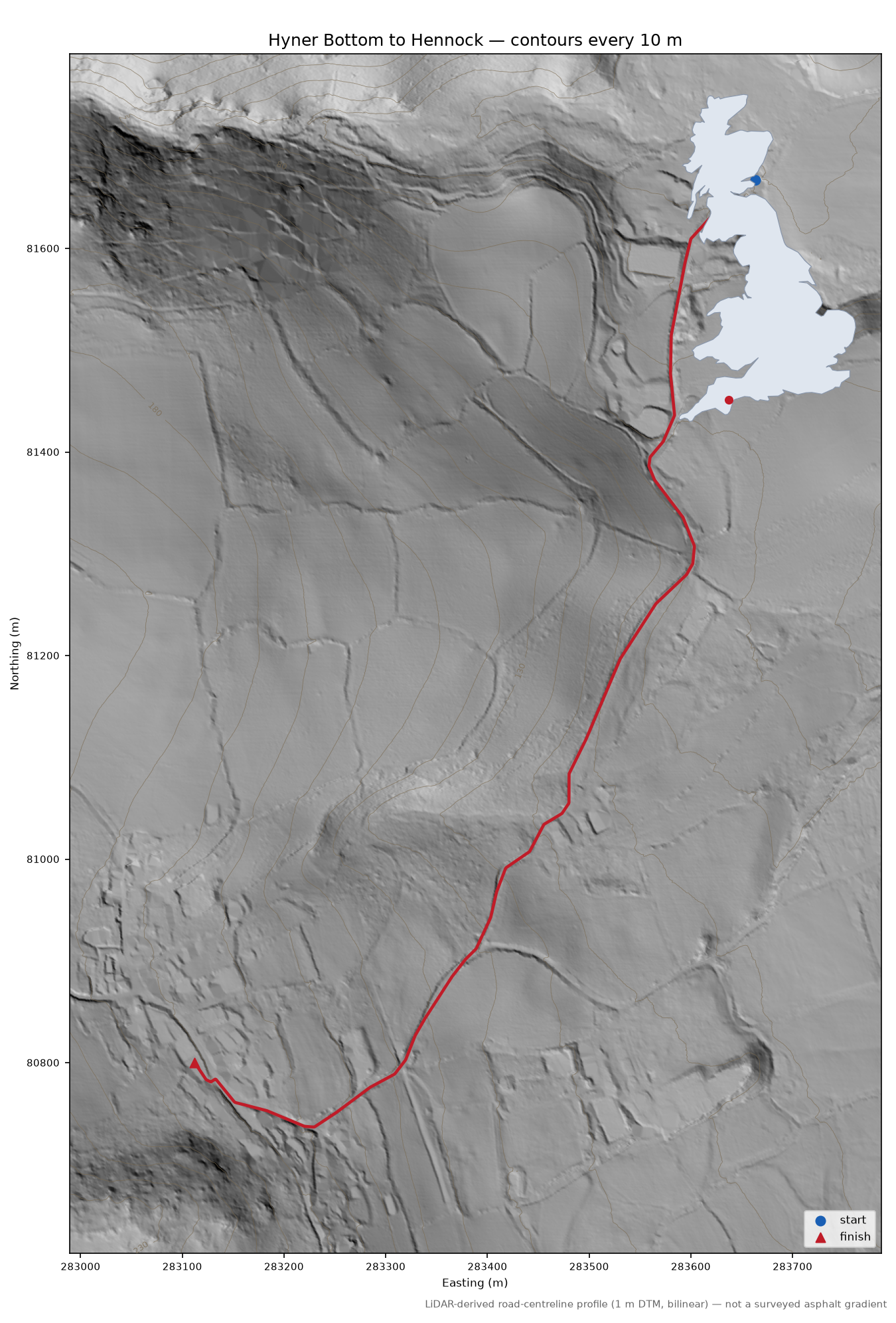 Hyner Bottom to Hennock LiDAR hillshade map with contours