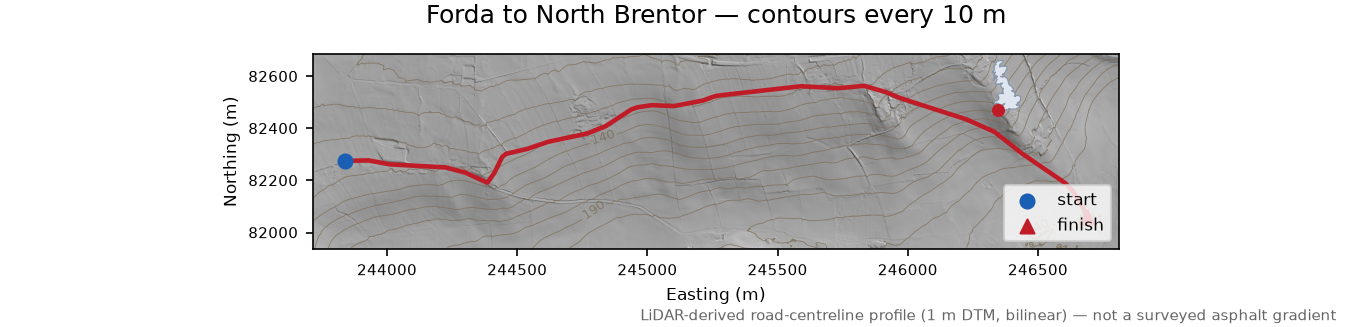 Forda to North Brentor LiDAR hillshade map with contours