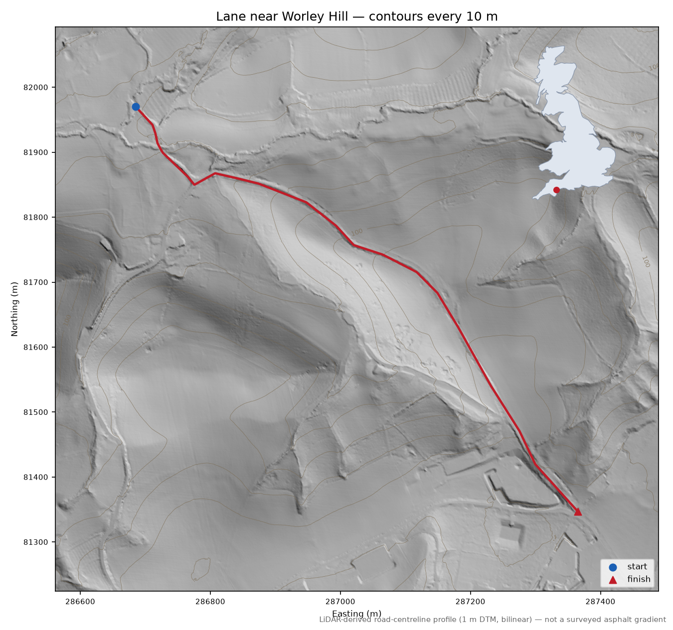 Lane near Worley Hill LiDAR hillshade map with contours