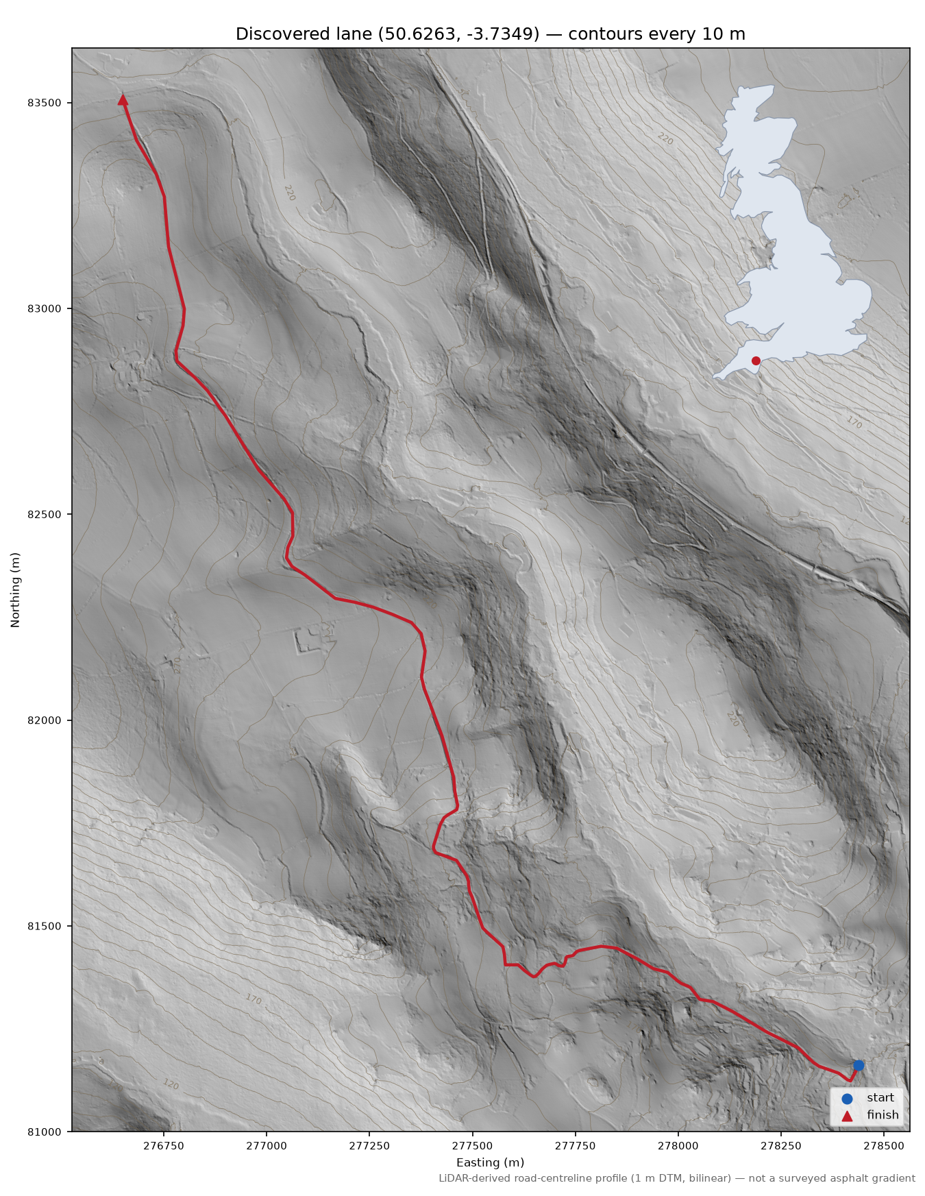 Lane near Lustleigh LiDAR hillshade map with contours