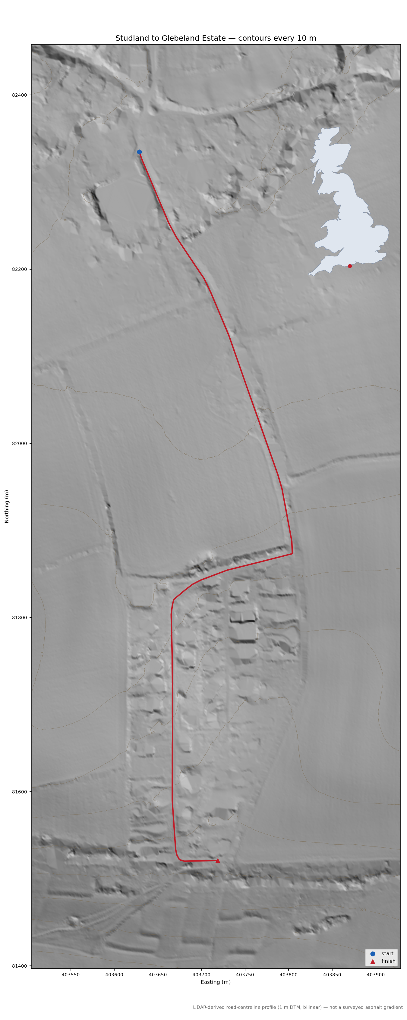 Studland to Glebeland Estate LiDAR hillshade map with contours