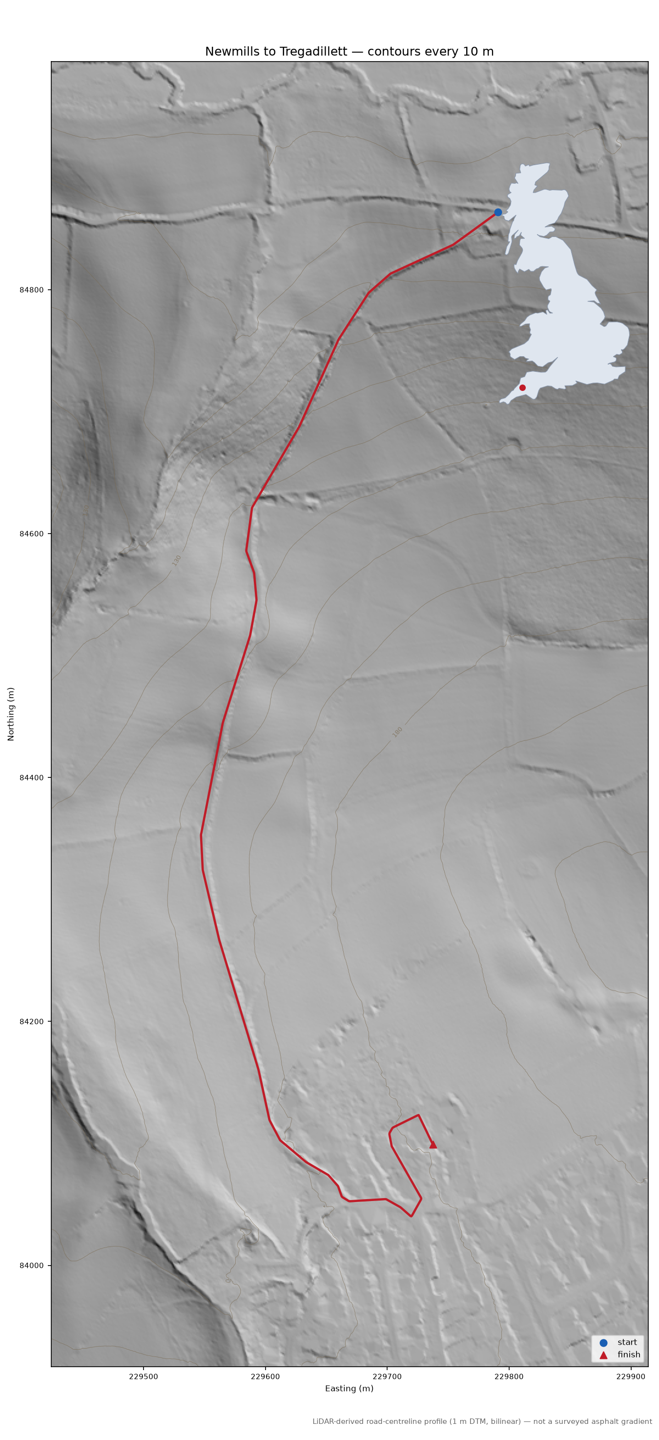 Newmills to Tregadillett LiDAR hillshade map with contours