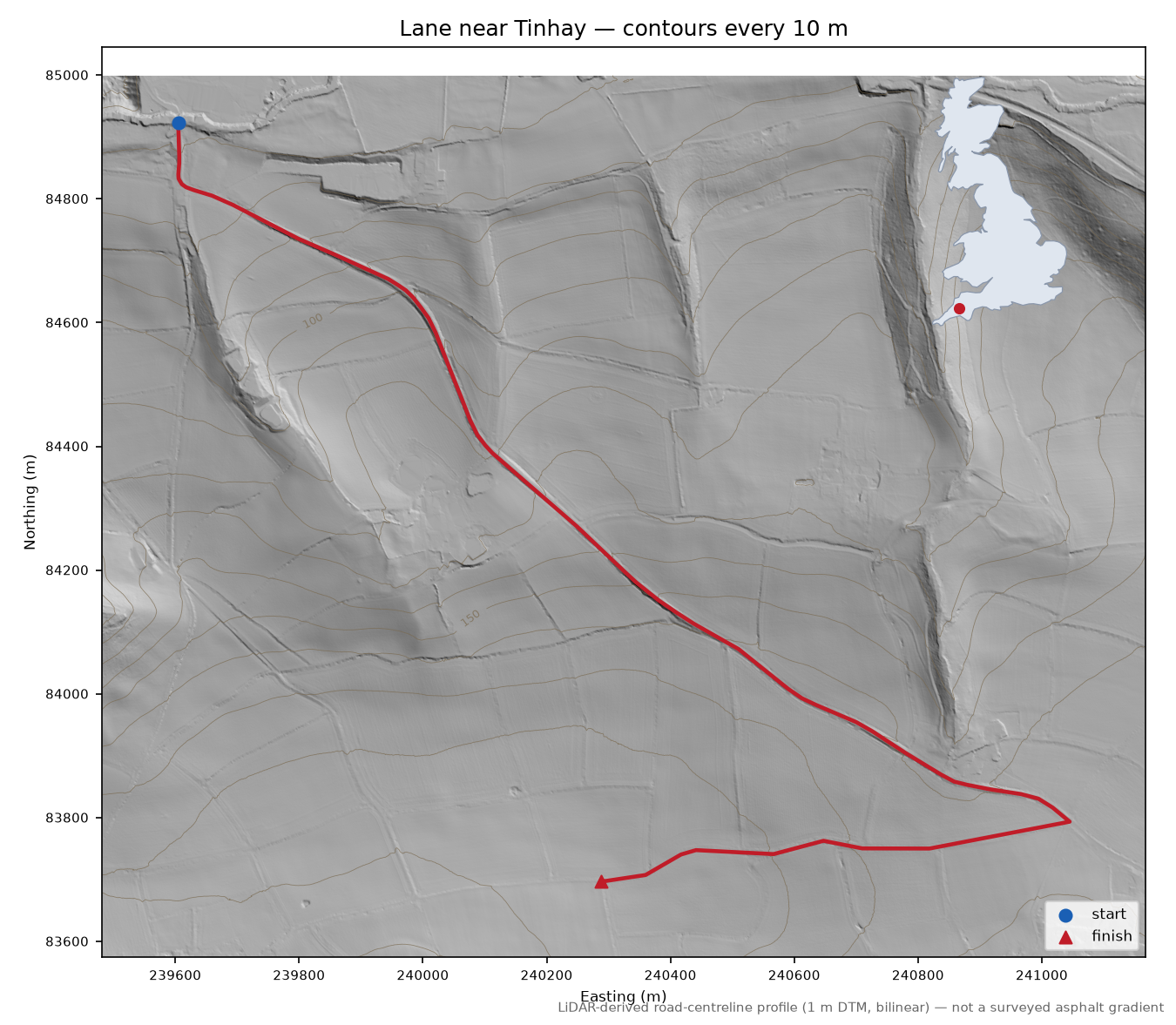 Lane near Tinhay LiDAR hillshade map with contours