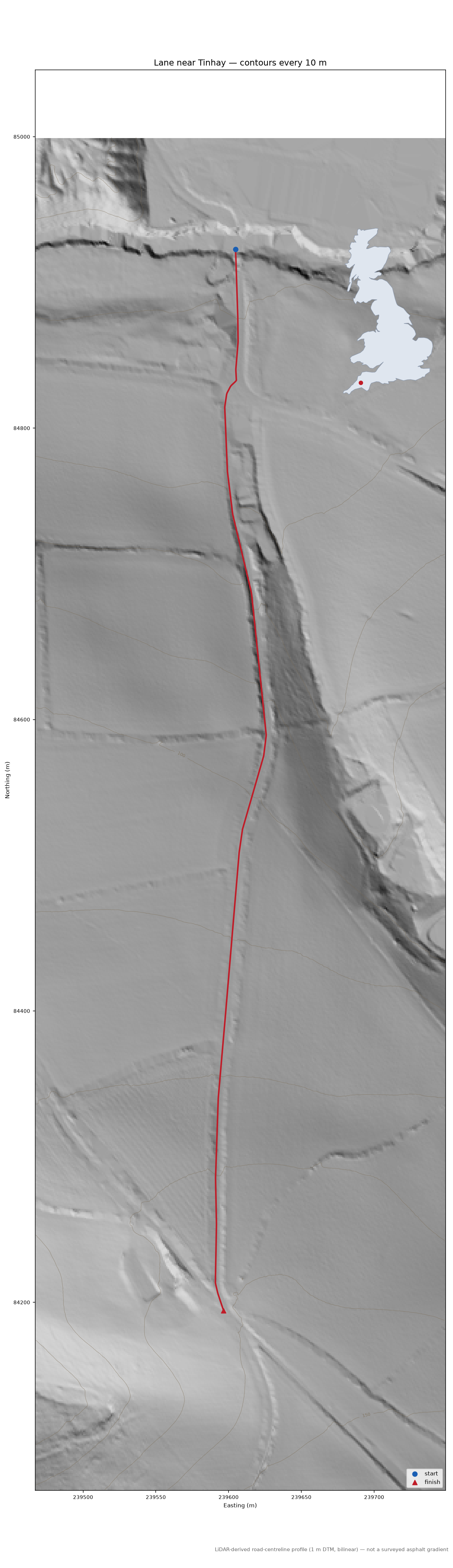 Lane near Tinhay LiDAR hillshade map with contours