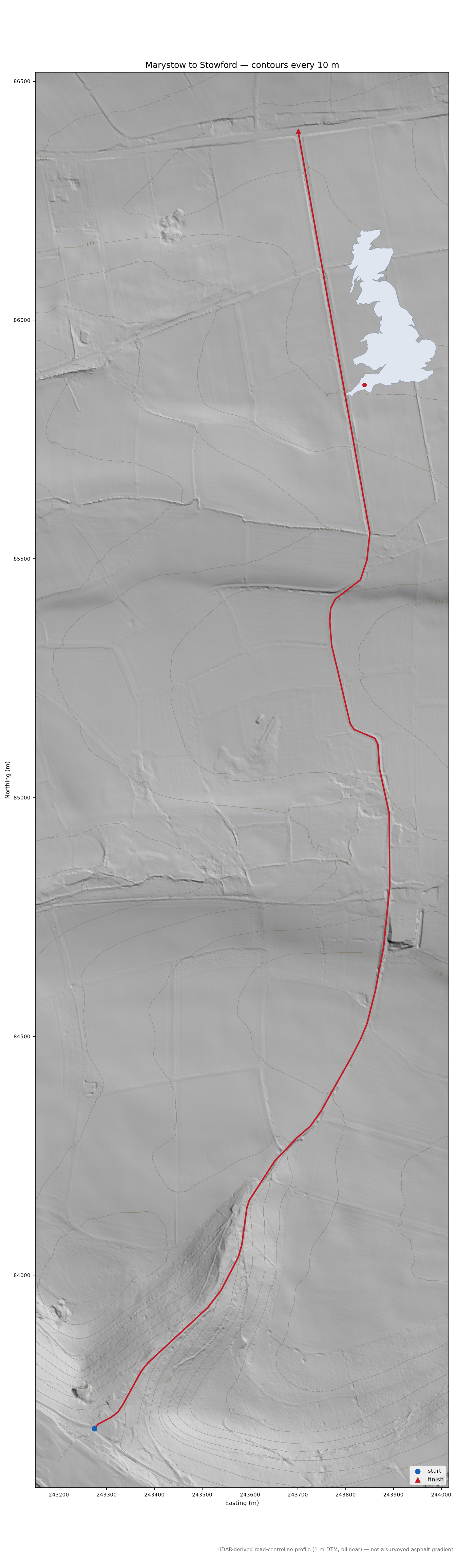 Marystow to Stowford LiDAR hillshade map with contours