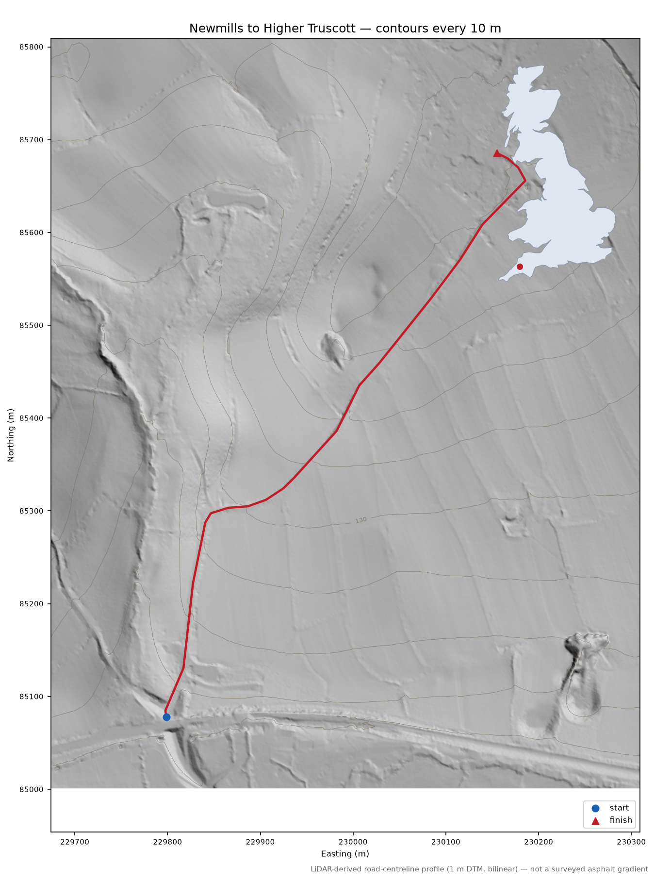 Newmills to Higher Truscott LiDAR hillshade map with contours
