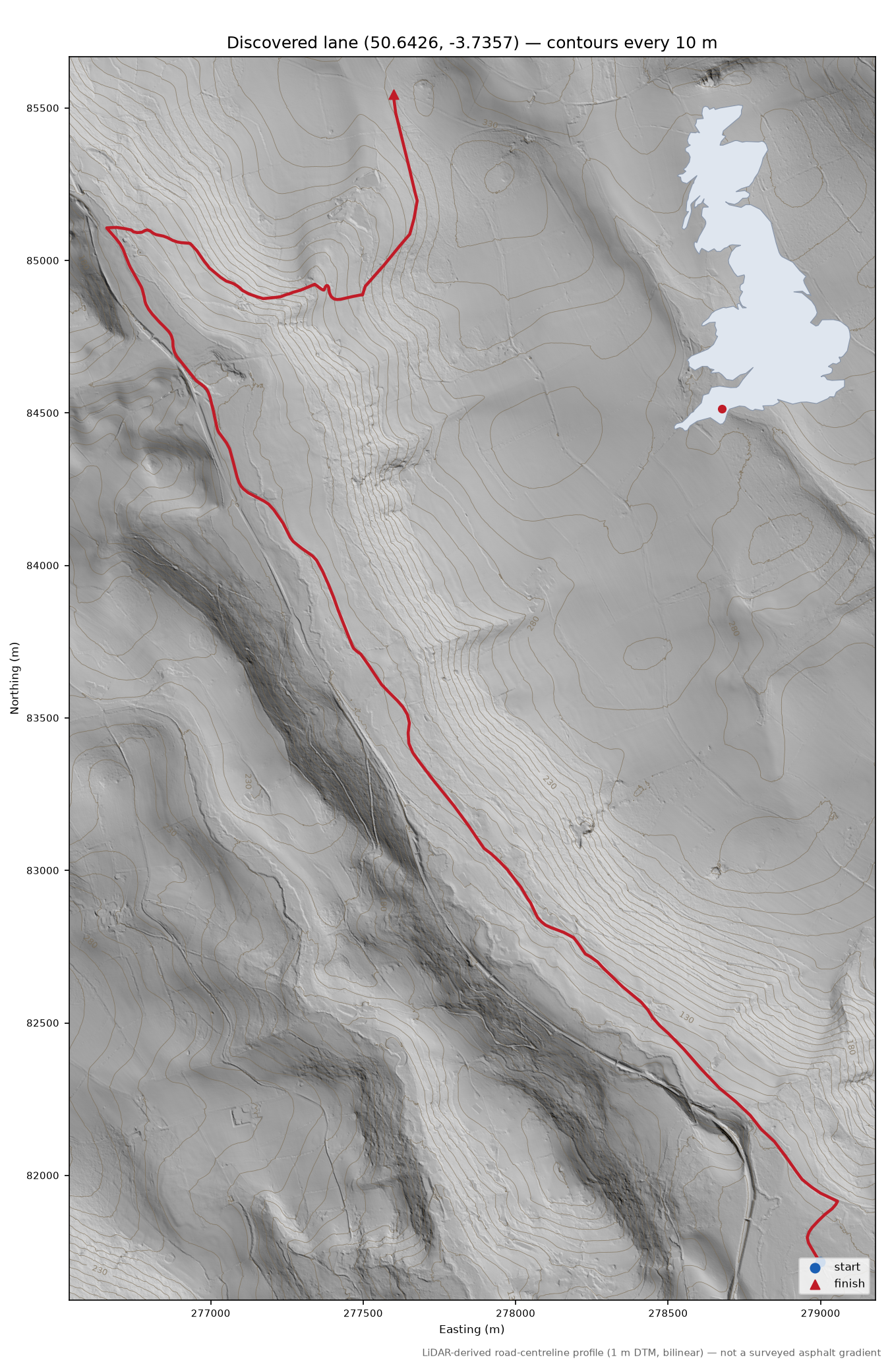 Lustleigh to Hingston Down LiDAR hillshade map with contours