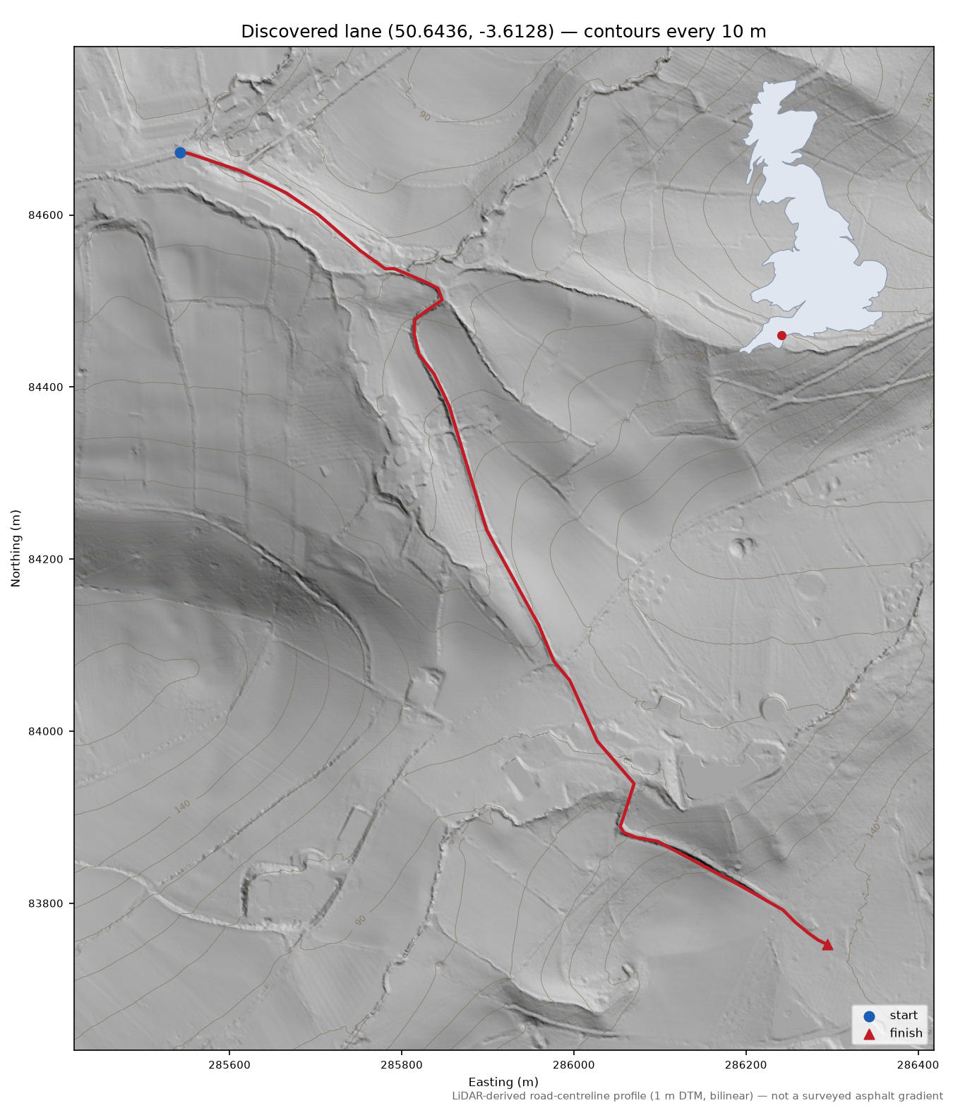 Higher Ashton to Beardon Hill LiDAR hillshade map with contours
