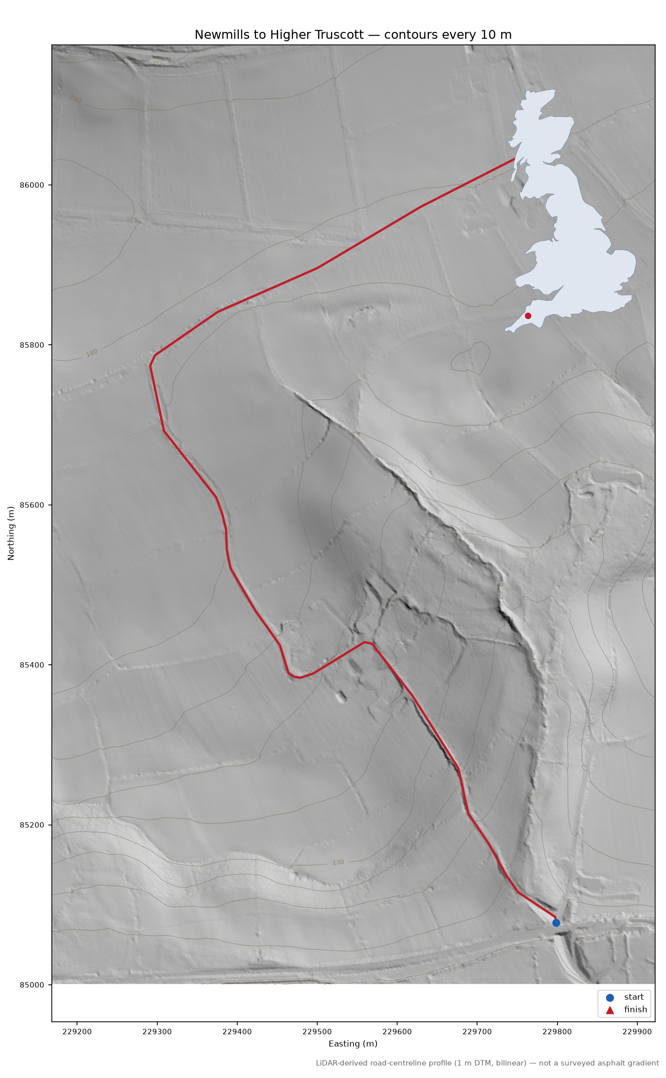 Newmills to Higher Truscott LiDAR hillshade map with contours