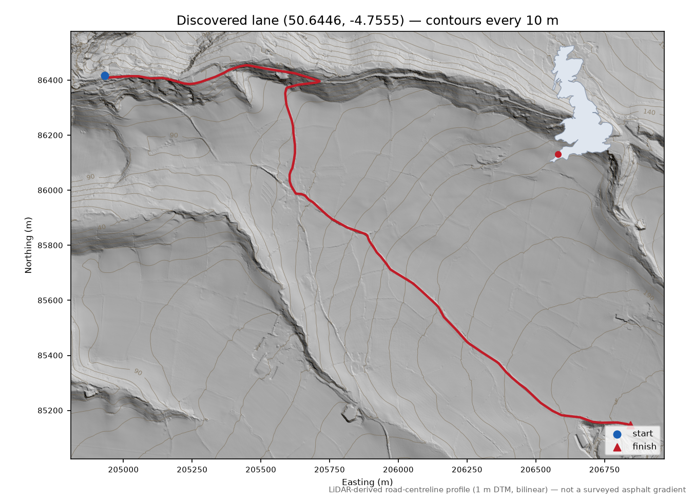 Trebarwith Strand to Delabole LiDAR hillshade map with contours