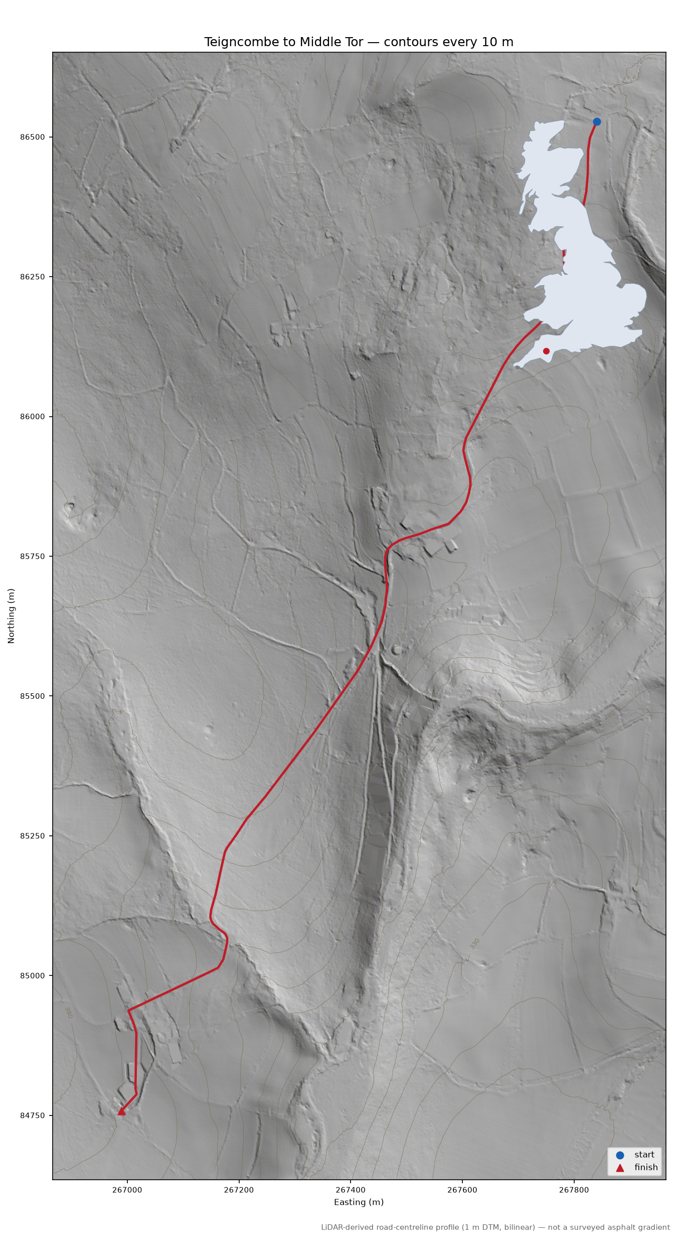 Teigncombe to Middle Tor LiDAR hillshade map with contours
