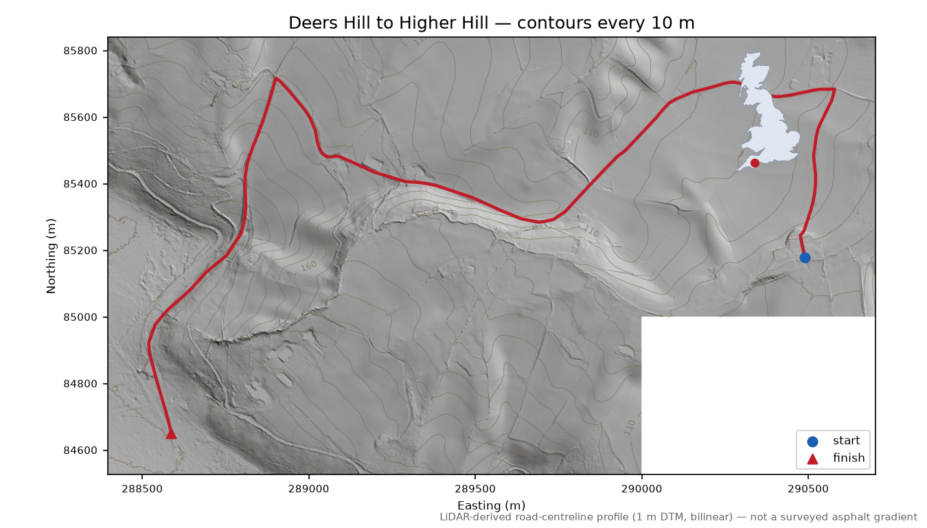 Deers Hill to Higher Hill LiDAR hillshade map with contours