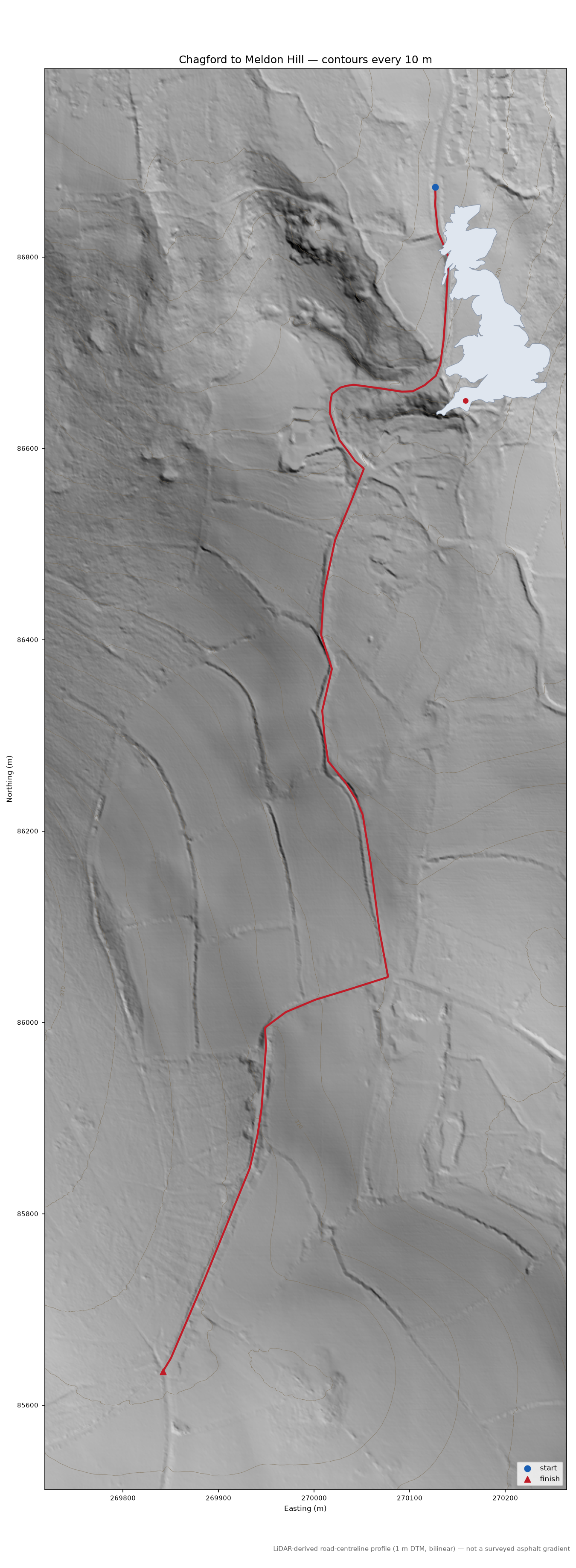 Chagford to Meldon Hill LiDAR hillshade map with contours