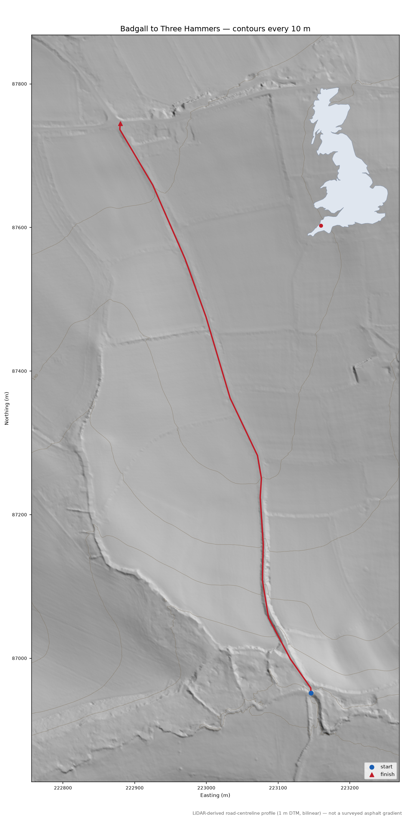 Badgall to Three Hammers LiDAR hillshade map with contours