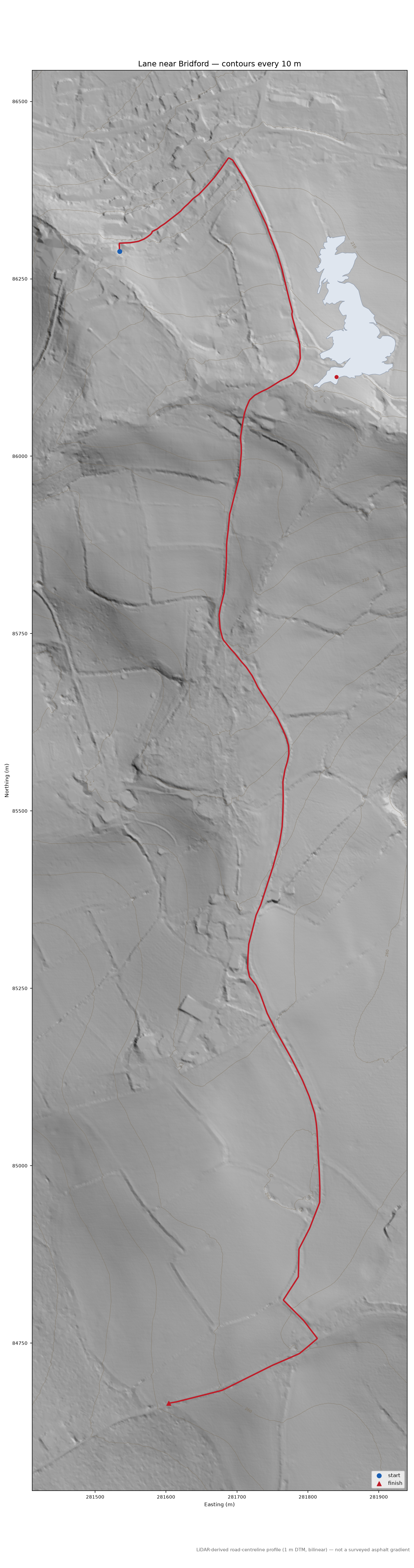 Lane near Bridford LiDAR hillshade map with contours
