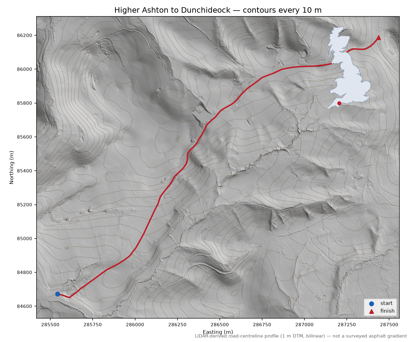 Higher Ashton to Dunchideock LiDAR hillshade map with contours