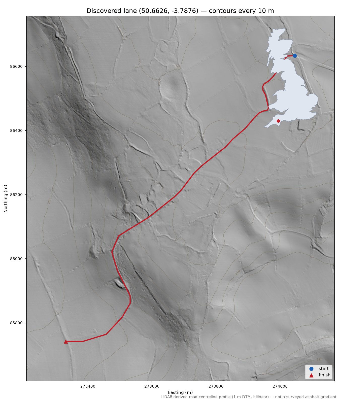 Lane near Moretonhampstead LiDAR hillshade map with contours