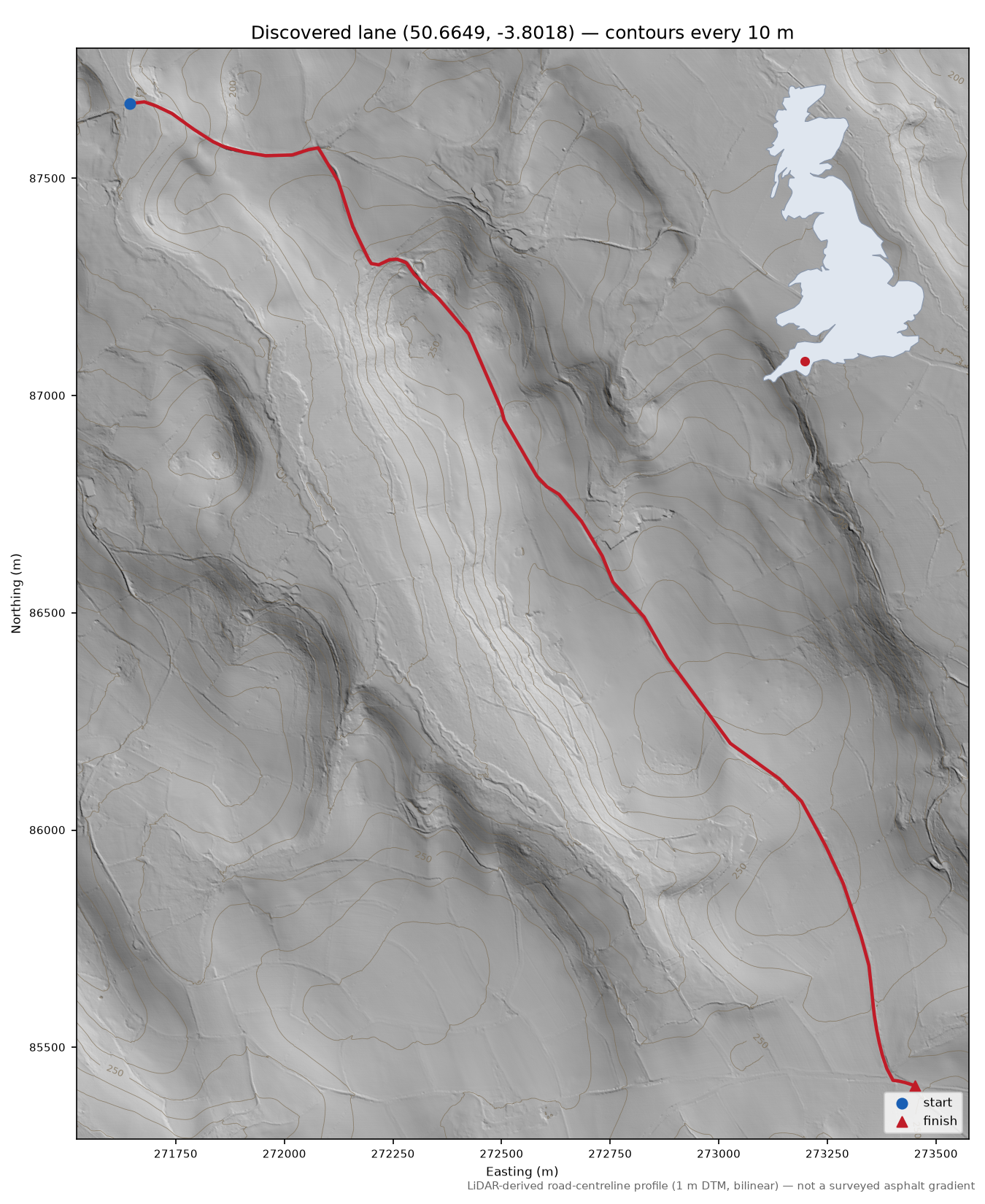 Lane near Great Weeke LiDAR hillshade map with contours