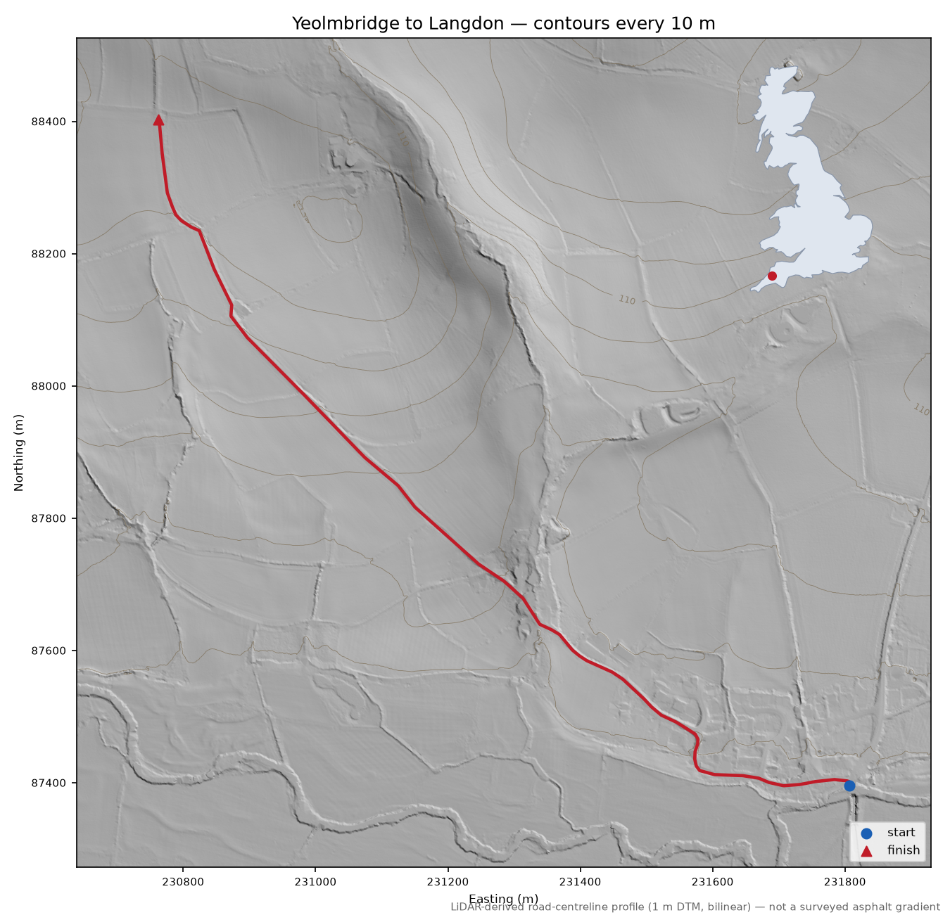Yeolmbridge to Langdon LiDAR hillshade map with contours