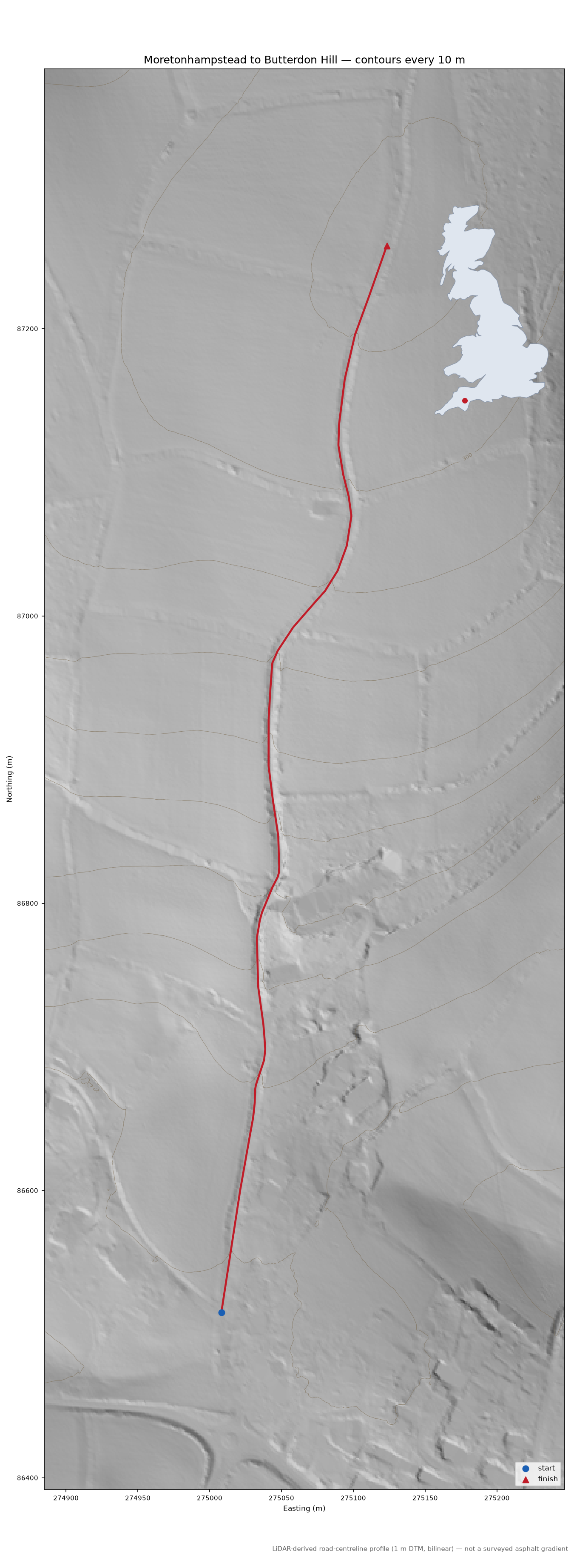 Moretonhampstead to Butterdon Hill LiDAR hillshade map with contours