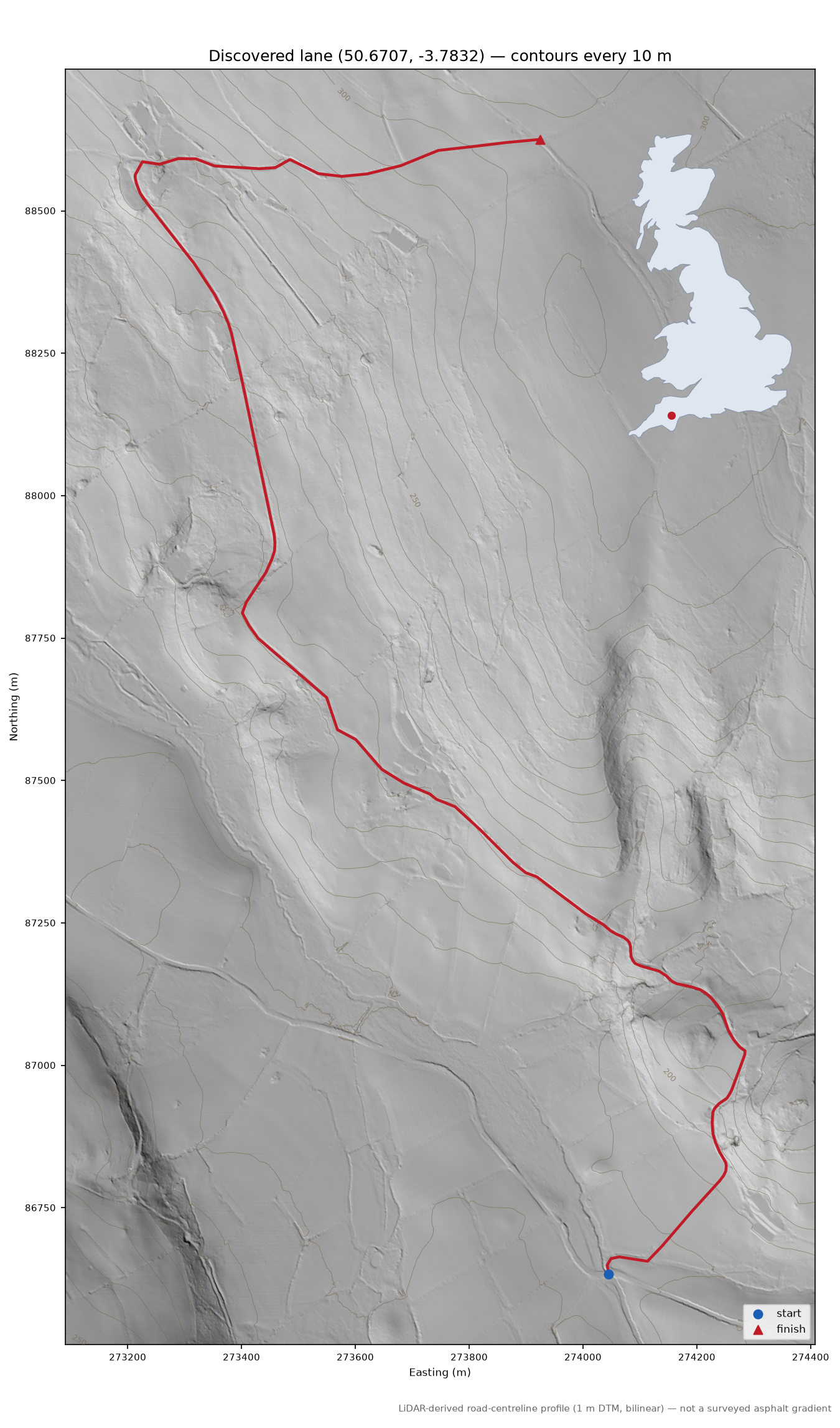 Moretonhampstead to Butterdon Hill LiDAR hillshade map with contours