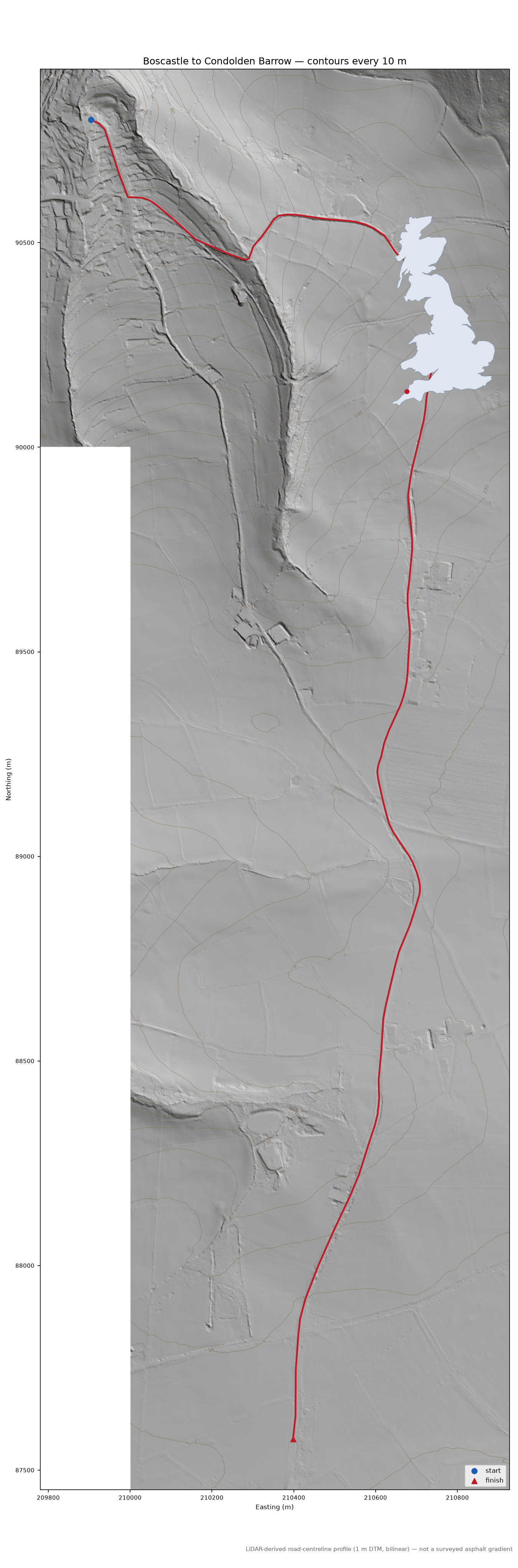 Boscastle to Condolden Barrow LiDAR hillshade map with contours
