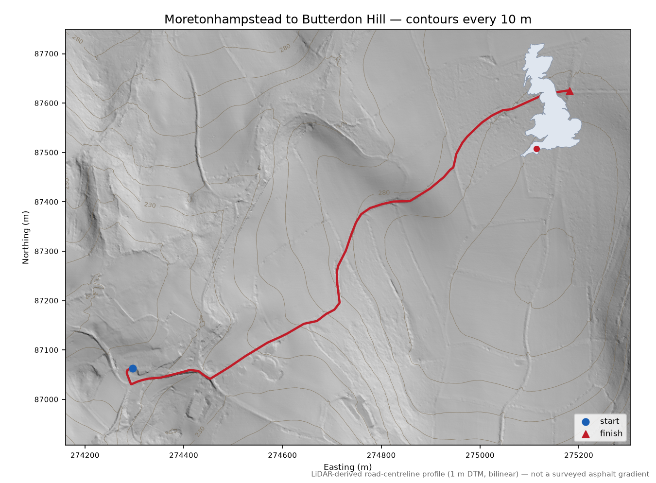 Moretonhampstead to Butterdon Hill LiDAR hillshade map with contours