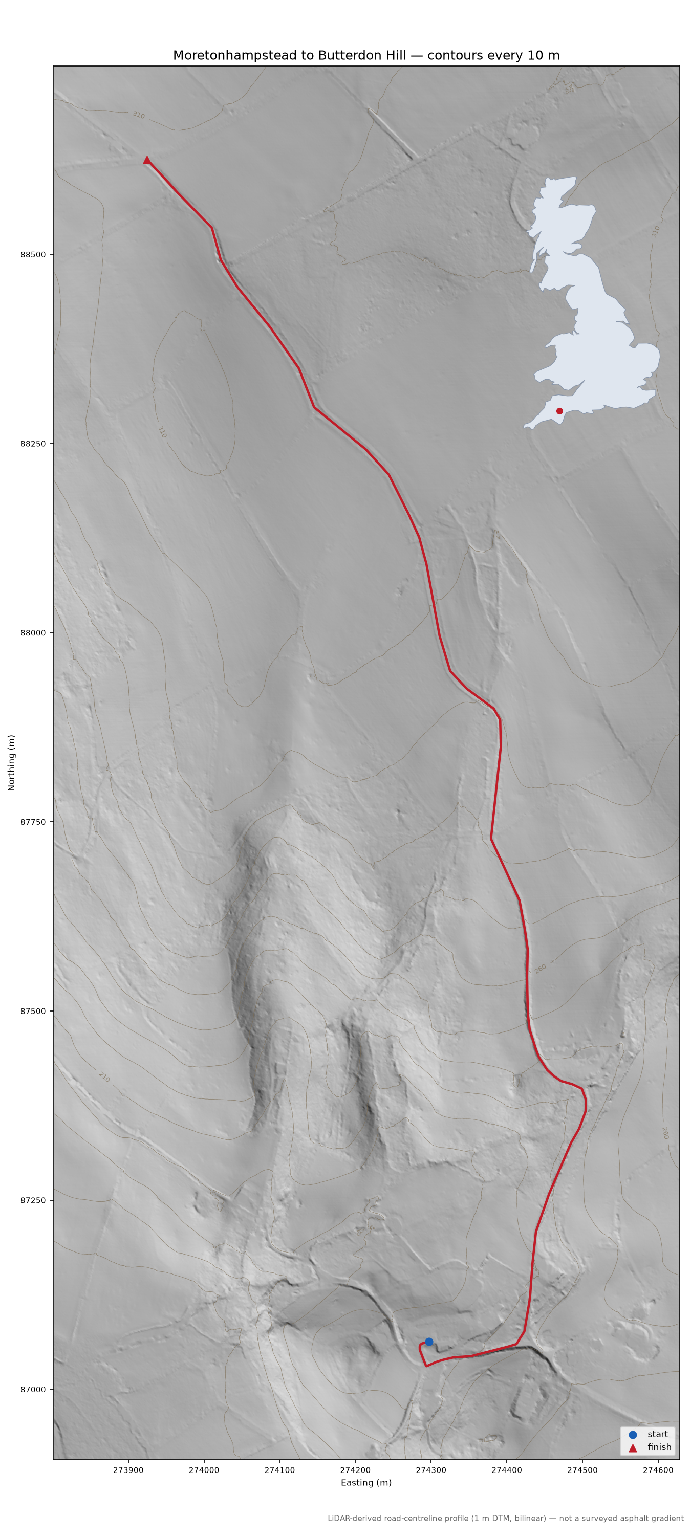Moretonhampstead to Butterdon Hill LiDAR hillshade map with contours