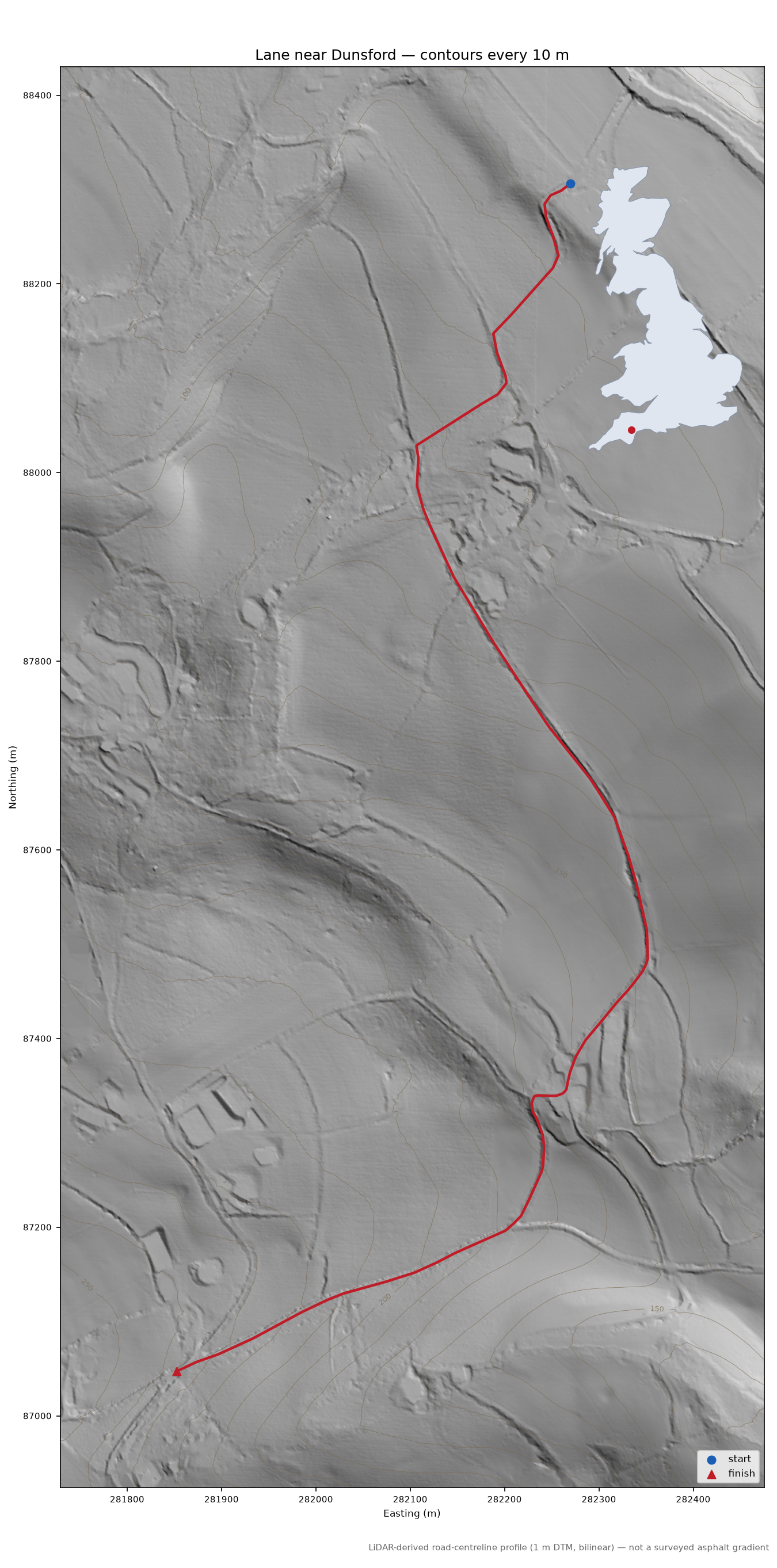 Lane near Dunsford LiDAR hillshade map with contours
