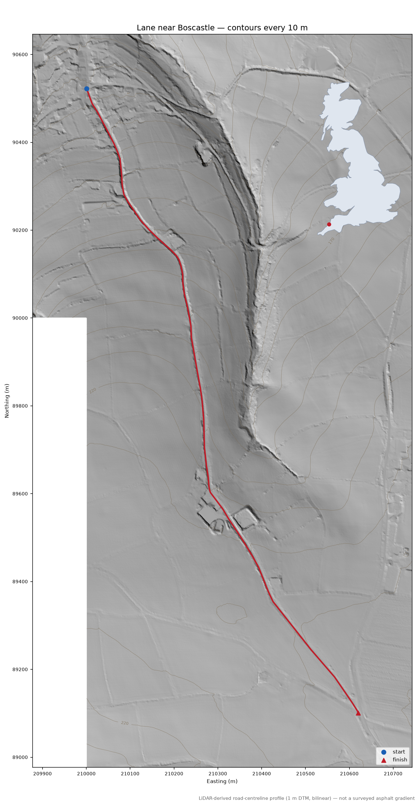 Lane near Boscastle LiDAR hillshade map with contours